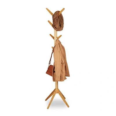 Image of Bamboo Coat Rack, Garment Stand with 8 Hooks, Modern Hallway Tree, HxWxD: 179 x 40.5 cm, Natural Relaxdays