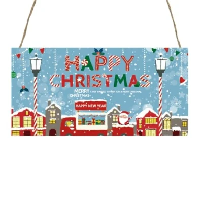 Image of Second Ave Happy Christmas Xmas Wooden Hanging Decoration Festive Home Sign Plaque