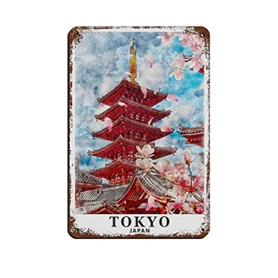 Image of AZOLID Metal Signs Tokyo Japan Pagoda Travel Tin Wall Art Poster for Home Bar Cafe Garage Bathroom 30x20CM