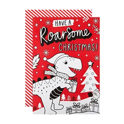 Image of Hallmark Christmas Card for Kids Fun Crayola Dinosaur Roarsome Colour In Design with Fold Out Banner