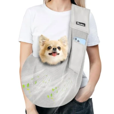 Image of Pawaboo Dog Carrier Sling, Hand Free Papoose Carriers Built in Safety Leash, Breathable Mesh Puppy&amp;Cat Pouch Carrier, Widened Strap Pet Shoulder Carry Bag (Up to 14lbs, Grey)