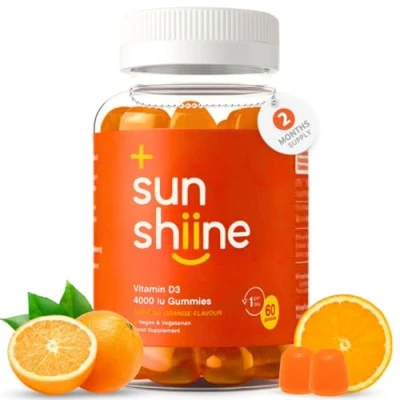 Image of Sunshiine Vegan Vitamin D3 4000 IU Gummies D Important for Immunity &amp; Bones Chewable 60 Count Adults and Children Above Age 11, Orange Flavour