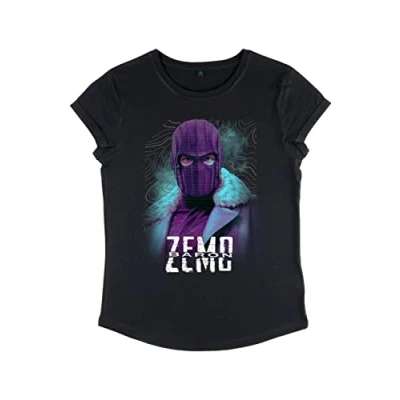 Image of Marvel Women&#039;s The Falcon and Winter Soldier Zemo Purple Rolled Sleeve T Shirt, Black, M