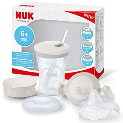 Image of NUK Learn to Drink Set with Trainer Cup Learner (6M+) Magic 360 Sippy (8M+) &amp; Action Toddler (12M+) 230 ml BPA Free Grey White