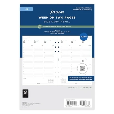 Image of Filofax A5 Week on two pages column format English Recycled paper 2026 diary 26 68521R
