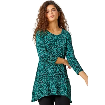 Image of Roman Originals Swing Top with Pockets for Women UK Ladies Hanky Hem Asymmetric Tunic Blouse Longline Long Stretch Jersey Casual Round NeckTee Shirt T Green Size 12