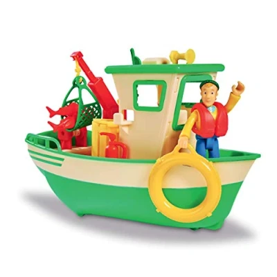 Image of Smoby 109251074002 Sam Le Pompier Bateau de Pêche Flottant Grue Mobile + Treuil Mécanique 1 Figurine Incluse Boat, Green, Standard Size