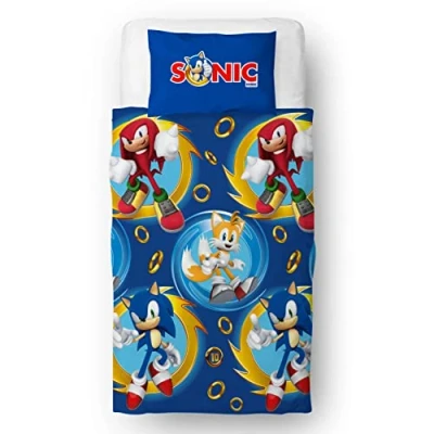 Image of Sonic The Hedgehog Official Speed Design Single Duvet Cover Set Reversible 2 Sided Bedding Including Matching Pillow Case, Blue
