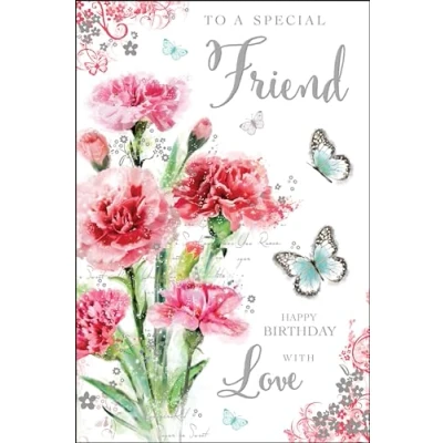 Image of Special Friend Female Birthday Card Pink Carnation Flowers and Butterflies