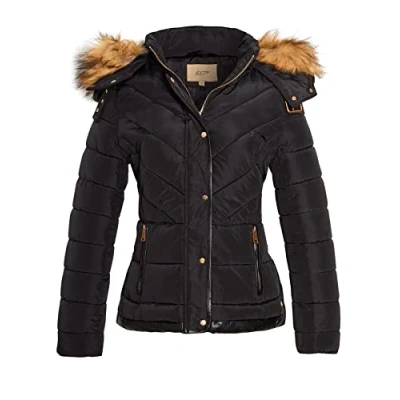 Image of SS7 Womens Padded Coat Faux Fur Hood Black