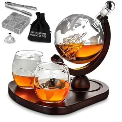 Image of MikaMax Globe Decanter Deluxe Set Whiskey Handcrafted Including 2 Whisky Glasses 850 ML Transparent Glass
