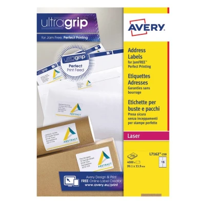 Image of Avery Printable, Customisable Address Mailing Labels, Laser Printers, 16 Labels Per A4 Sheet, 4000 QuickPEEL (L7162), White