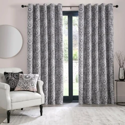 Image of Laurence Llewelyn Bowen Black &amp; Natural Floral Curtains W66 x L72 (168 183cm) Blackout Thermal Insulated Mandala Bohemian 0 and Drapes for Living Room Bedroom