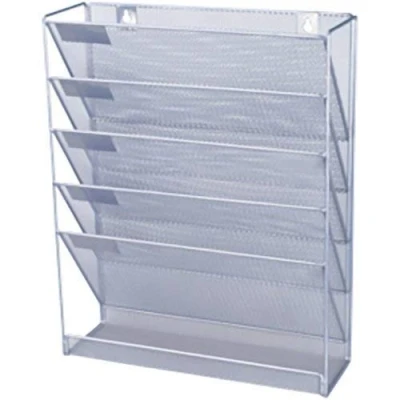 Image of KAV Mesh Wall Literature Holder Magazine Hanging File Home/Office Organiser for Desk Storage, A4 Paper, Files, and Letters Accessories with Trays 405(H)X325(W)X105(D)mm (Silver)