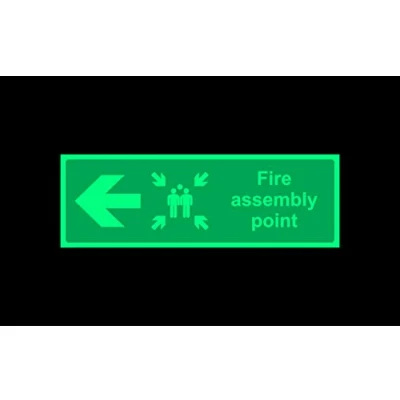 Image of Fire assembly point directional left arrow Safety sign 1.2mm Photoluminescent glow in the dark rigid plastic with self adhesive backing 300mm x 100mm