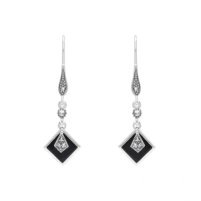 Image of Esse Marcasite Sterling Silver Black Onyx &amp; Art Deco Long Drop Earrings