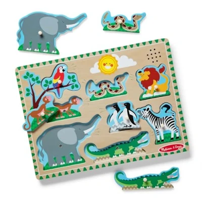 Image of Melissa &amp; Doug Zoo Animals Sound Puzzle, Kids Wooden Puzzles for 2 year olds, Baby Puzzles, Peg Toddler Shape Jigsaws Children Age 3 4