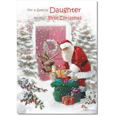 Image of doodlecards Daughter 1st First Christmas Card Santa with Parcels Medium Size for Plain Envelope
