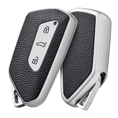 Image of OATSBASF Key Case Suitable for VW, Car Golf 8 Seat Leon MK 4 Tarraco Ateca Skoda Octavia 2020 TPU Silicone Protective (Silver Leather)