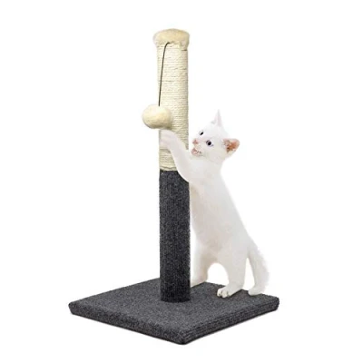 Image of AllPetSolutions Cat Scratching Post Indoor Scratch Tower With Hanging Ball Toy, Carpet Board Base, Natural Sisal Rope Perfect For Small Homes Post, Grey &amp; White 35x35x51cm
