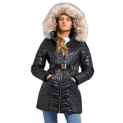 Image of SS7 Womens Faux Fur Quilted Parka Coat Black