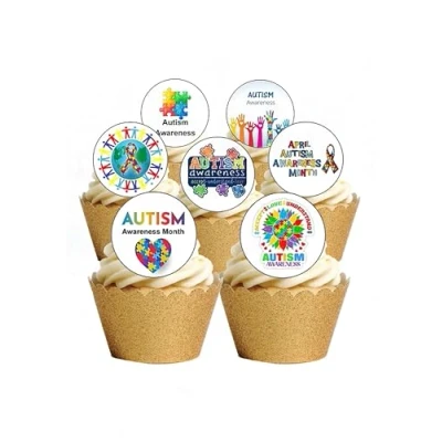 Image of 24 Pre Cut Round Autism Awareness Acceptance Charity Fundraising Edible Wafer paper Cake Toppers Decorations
