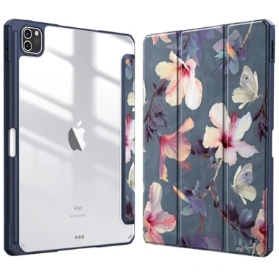 Image of FINTIE Hybrid Case Compatible with iPad Pro 11 Inch (2022/2021/2020/2018, 4th/3rd/2nd/1st Generation) Ultra Slim Shockproof Clear Cover w/Pencil Holder, Auto Wake/Sleep, Hibiscus
