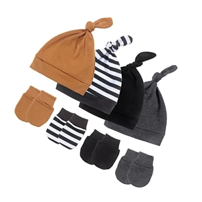 Image of 4 Sets Infant Beanies Caps with Scratch Mitten Pack Newborn Hospital Hats Set for Baby Girls Boys, Black, 0 12 Months