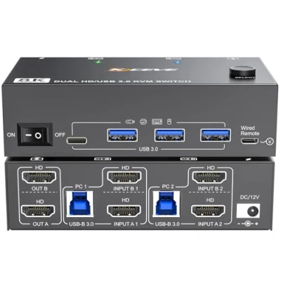 Image of 8K HDMI KVM Switch 2 Monitors Computers 8K@60Hz 4K@144Hz, MLEEDA USB 3.0 Dual Monitor for Computer Share and 4 USB3.0 HUB,Wired Remote,12V Power Adapter Cable Included