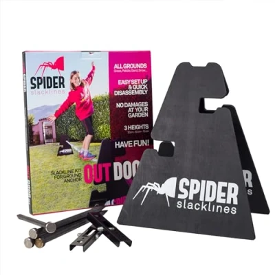 Image of SPIDER SLACKLINE SOS01 SlacklinesOutdoor Kit Two Strong Wood Frames Adjustable Height 30 or 50 70 cm Ground Nails Anchor to Slacklining without trees Made in Italy