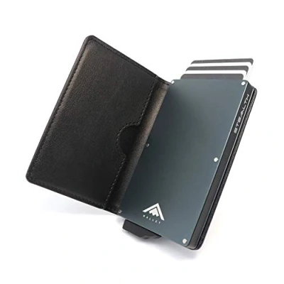 Image of Stealth Wallet RFID Card Holder Smart Minimalist Pop Up Wallets with Gift Box Slim Lightweight Metal Credit Holders for Men &amp; Contactless Protector (Grey Aluminium, Black Leather)