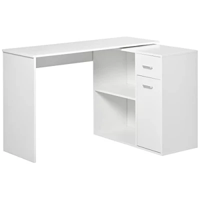 Image of HOMCOM L Shaped Desk, Corner Computer Adjustable Study Table with Storage Shelf, Drawer and Cabinet, Workstation for Home Office, White Wood Grain
