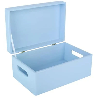 Image of Creative Deco Large Blue Wooden Storage Box 30 x 20 14 cm (+/ 1 cm) with Hinged Lid &amp; Handles Gift for Christmas Xmas Kitchen Wood Keepsake Memory Craft Chest