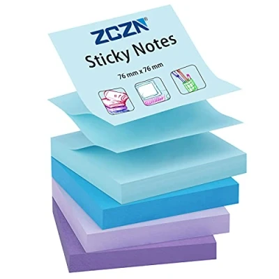 Image of ZCZN Pop up Sticky Notes 76 x mm, 4 Pads Assorted Colours Self Stick Notes, 100 Sheets/Pad, (Blue, Light Blue, Purple, Purple)