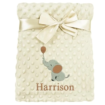 Image of JJLC Personalised Baby Bobble Blanket Embroidered Elephant &amp; Name Soft Fleece Wrap Boys Girls (Beige Bobble)