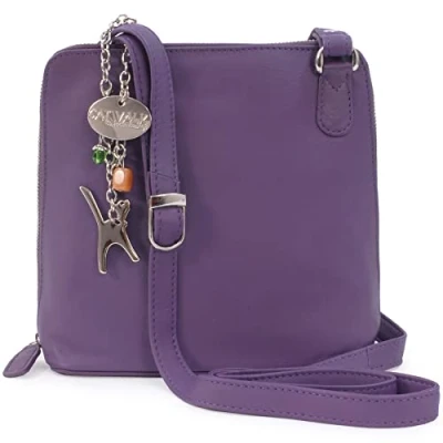 Image of Catwalk Collection Handbags Women&#039;s Medium Leather Cross Body Bag Shoulder With Long Adjustable Strap ELEANOR Purple