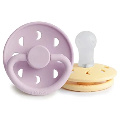 Image of FRIGG Moon Phase Silicone Pacifier Pack of 2 Soother Dummy BPA Free Made in Denmark Symmetrical Cherry Shaped Nipple (Pale Daffodil/Soft Lilac (0 6 Months))