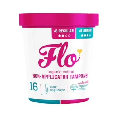 Image of FLO Organic Non Applicator Highly Absorbent Tampons Made from 100% Cotton Biodegradable 8 Regular, Super Combo 16 Mix Pack