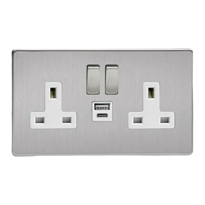 Image of Varilight Flat Plate Screwless 2 Gang 13A Single Pole Switched Socket with 1x USB A &amp; C Charging Ports White Inserts