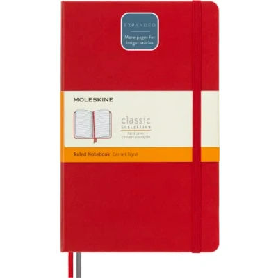 Image of Moleskine Classic Notebook Expanded, Ruled Notebook, Hard Cover and Elastic Closure, Size Large 13 x 21 cm, Colour Scarlet Red, 400 Pages