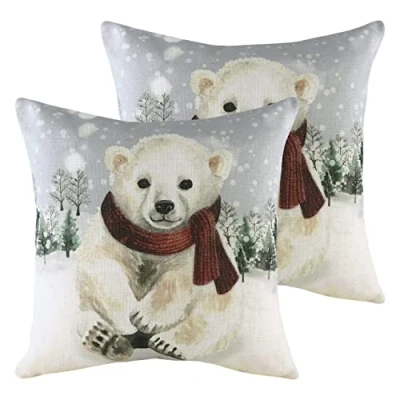 Image of Evans Lichfield Snowy Polar Bear With Scarf Cushions (Twin Pack) Multicolour Size 43 cm x