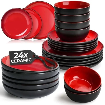 Image of MIAMIO 24 Piece, Service for 6 Dishware Set/Stoneware Dinnerware Set Including Plates, Soup Plates and Bowls Microwave &amp; Dishwasher Safe Le Papillon Collection (Red)