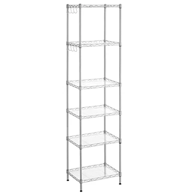 Image of SONGMICS 6 Tier Shelving Unit, Mesh Storage Shelves, with Adjustable Garage Shelving, Kitchen, Living Room Rack, PP Sheets, 8 Hooks, Max. Load 120 kg, Silver LGR116E01
