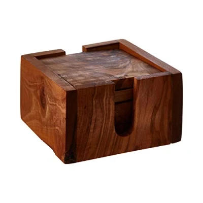Image of Premier Housewares Kora Square Coasters, With Holder, Olive Wood, Set of 4