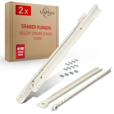 Image of LouMaxx Drawer Runners 350 mm, 2 Pack (1 Pair) White Runner, Slide System with Partial Extension, Smooth Sliders in Cream