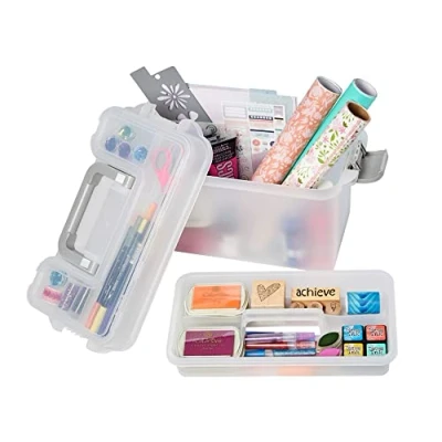 Image of Deflecto Multi Compartment Clear Plastic Storage Box with Lift Out Tray &amp; Lid Portable Craft Organiser for Pens, Pencils Supplies