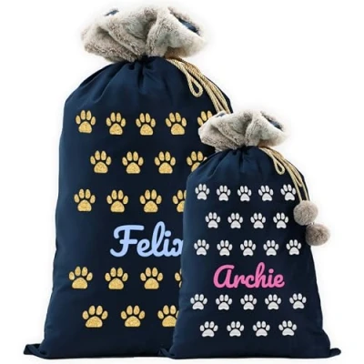 Image of Personalised Velvet Santa Stocking Sack with Luxury Fur Trim Large Bag for Dog and Cats, Ideal Holiday Decor Gifts