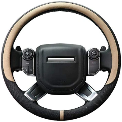 Image of COFIT Breathable Car Steering Wheel Cover Universal Microfiber Leather Protective Wrap Size L 39 40.5cm Black and Beige