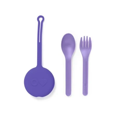 Image of OmieBox Kids Utensils Set with Case 2 Piece Plastic, Reusable Fork and Spoon Silverware Pod for Kids, Travel, Lunch Boxes (Lilac)