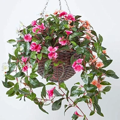 Image of HOMESCAPES White, Orange and Pink Artificial Hanging Basket Large Lifelike Plant For Indoor Outdoor Decoration Trailing Flowers In Brown Wicker Pot with Metal Chain Hook 85 cm Long